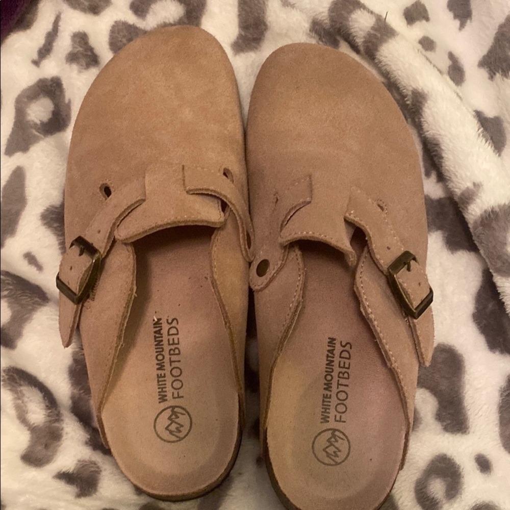White Mountain Tan Mules with Buckle Detail